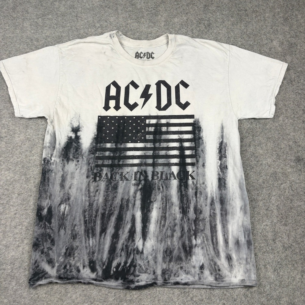 Y2K AC/DC Graphic Tee Mens Large Back In Black 1980 US Tour Tie Dye Grunge Skate - Picture 2 of 15